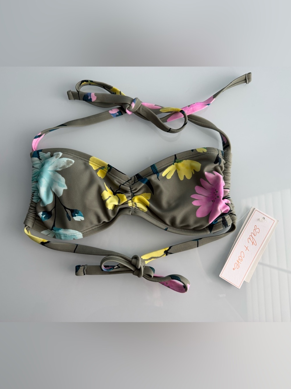 Salt + Cove Juniors' Sage Floral-Print Sweetheart Bikini Swim Top Size Small